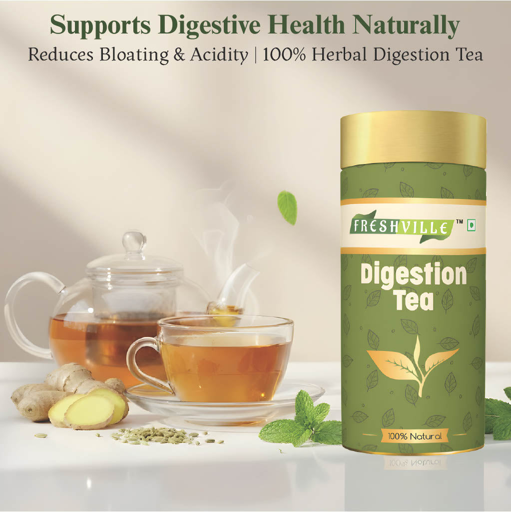 Freshville Digestion Tea | Improves Digestion, Bloating, Gas and Acidity relief with Herbs Ginger, Fennel, Ajwain, Mint, Senna leaves, Rose petals, Bay leaves, Green tea