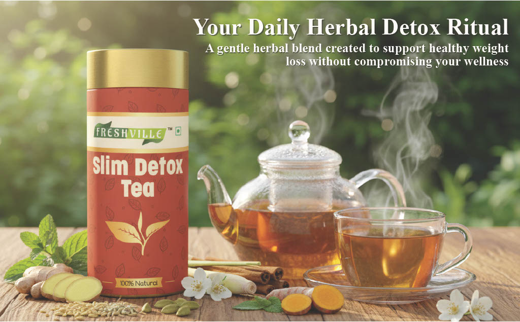 Freshville Slim Detox Tea | Slim Down & Detoxify Body wiith Herbs Cardamom, Fennel, Ginger, Green Tea, Jasmine, Lemongrass, Liquorice, Mint, Tulsi, and Turmeric.