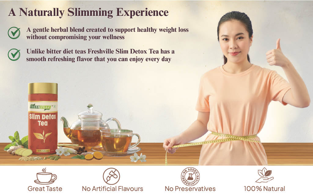 Freshville Slim Detox Tea | Slim Down & Detoxify Body wiith Herbs Cardamom, Fennel, Ginger, Green Tea, Jasmine, Lemongrass, Liquorice, Mint, Tulsi, and Turmeric.