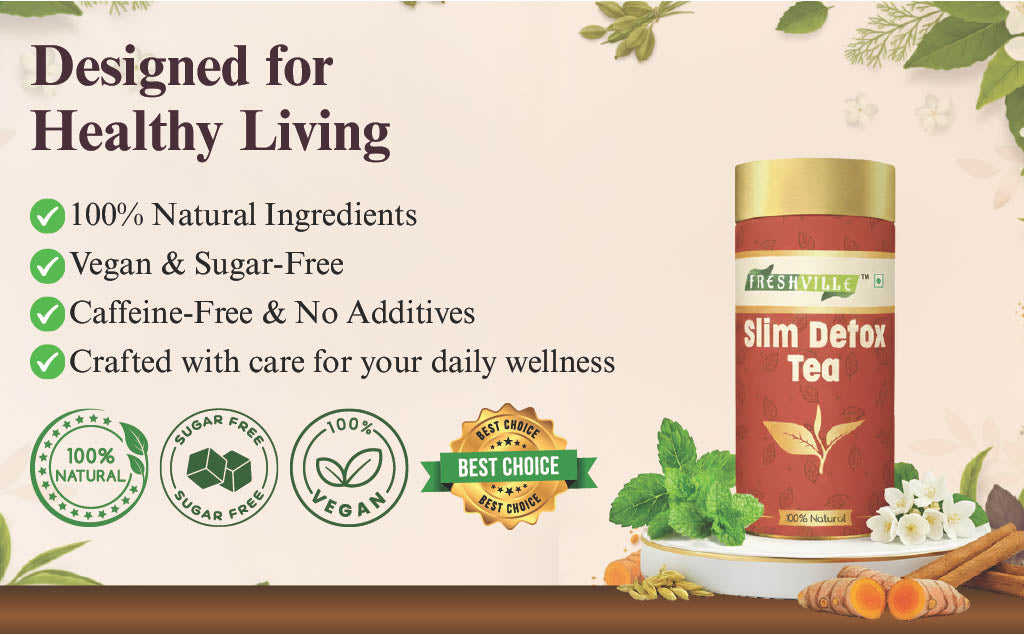 Freshville Slim Detox Tea | Slim Down & Detoxify Body wiith Herbs Cardamom, Fennel, Ginger, Green Tea, Jasmine, Lemongrass, Liquorice, Mint, Tulsi, and Turmeric.