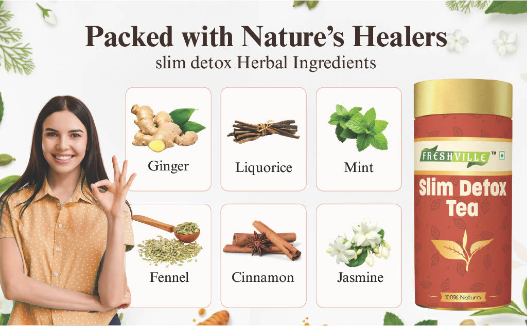 Freshville Slim Detox Tea | Slim Down & Detoxify Body wiith Herbs Cardamom, Fennel, Ginger, Green Tea, Jasmine, Lemongrass, Liquorice, Mint, Tulsi, and Turmeric.