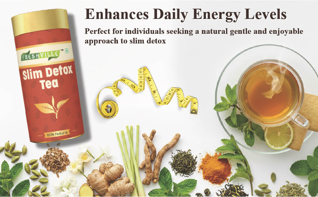 Freshville Slim Detox Tea | Slim Down & Detoxify Body wiith Herbs Cardamom, Fennel, Ginger, Green Tea, Jasmine, Lemongrass, Liquorice, Mint, Tulsi, and Turmeric.