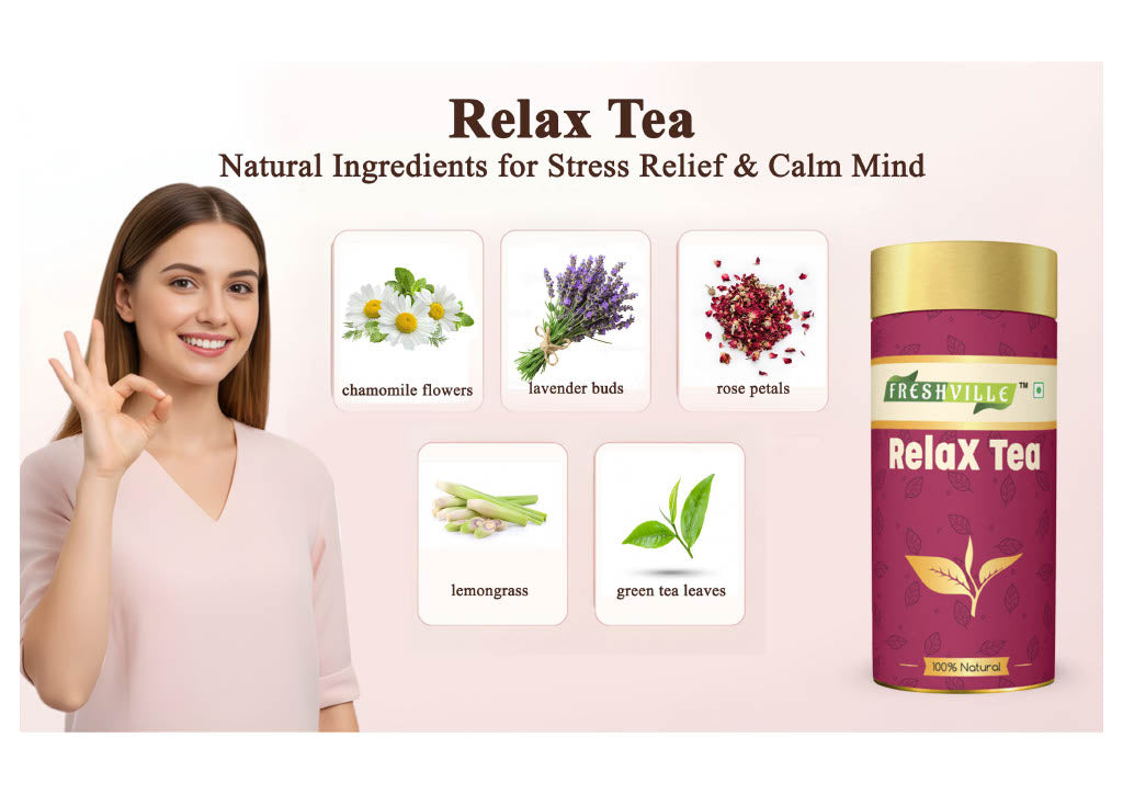 Freshville Relax Tea | Improves Sleep Quality Release Stress with Herbs Lemongrass, Lavender, Chamomile, Green Tea