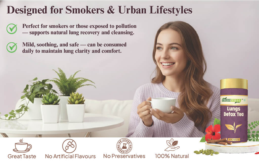 Freshville Lungs Detox Tea | Helps Quit Smoking And Clean Lungs with Herbs Moringa, Rose Petals, Peppermint, Lemongrass, Hibiscus, Cinnamon, Mulethi, Tulsi, Fenugreek, Ginger, Green Tea