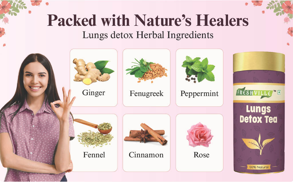 Freshville Lungs Detox Tea | Helps Quit Smoking And Clean Lungs with Herbs Moringa, Rose Petals, Peppermint, Lemongrass, Hibiscus, Cinnamon, Mulethi, Tulsi, Fenugreek, Ginger, Green Tea
