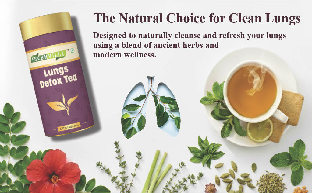 Freshville Lungs Detox Tea | Helps Quit Smoking And Clean Lungs with Herbs Moringa, Rose Petals, Peppermint, Lemongrass, Hibiscus, Cinnamon, Mulethi, Tulsi, Fenugreek, Ginger, Green Tea
