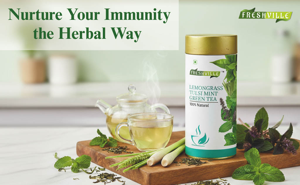 Freshville Lemongrass Tulsi Mint Green Tea | Enhances Immunity, Mental Health, Eye Sight, 100gm