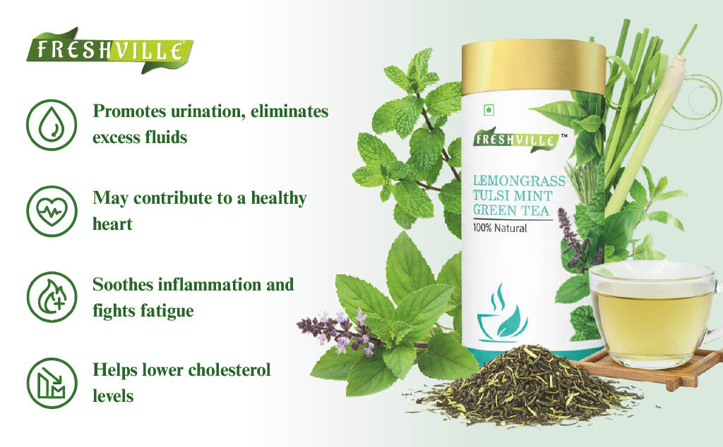 Freshville Lemongrass Tulsi Mint Green Tea | Enhances Immunity, Mental Health, Eye Sight