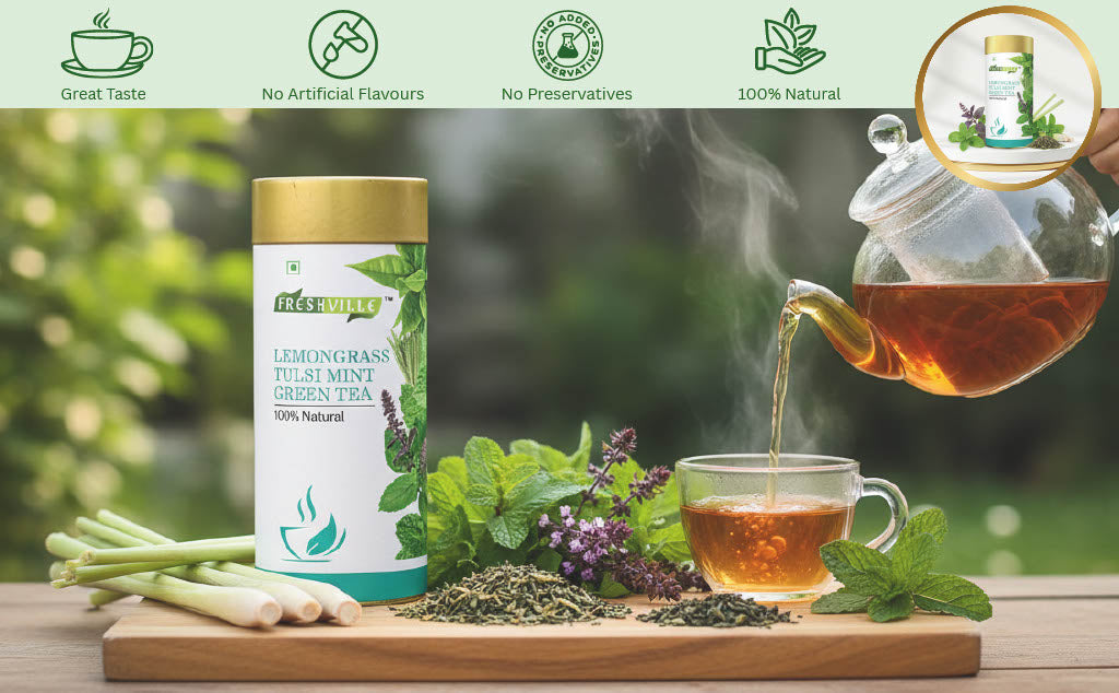 Freshville Lemongrass Tulsi Mint Green Tea | Enhances Immunity, Mental Health, Eye Sight