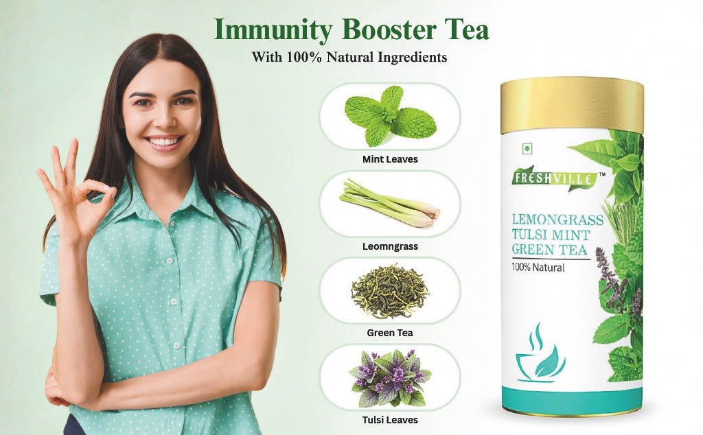 Freshville Lemongrass Tulsi Mint Green Tea | Enhances Immunity, Mental Health, Eye Sight