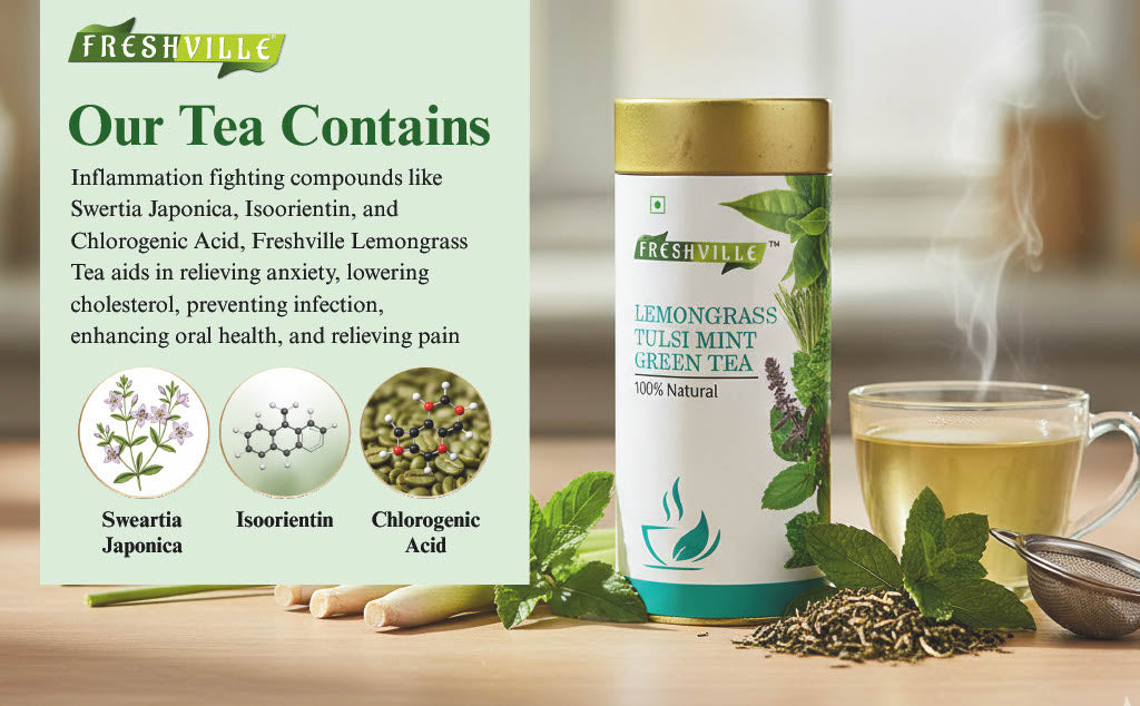 Freshville Lemongrass Tulsi Mint Green Tea | Enhances Immunity, Mental Health, Eye Sight
