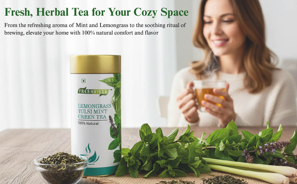 Freshville Lemongrass Tulsi Mint Green Tea | Enhances Immunity, Mental Health, Eye Sight