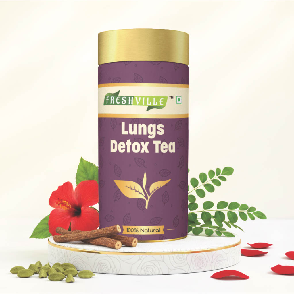 Freshville Lungs Detox Tea | Helps Quit Smoking And Clean Lungs with Herbs Moringa, Rose Petals, Peppermint, Lemongrass, Hibiscus, Cinnamon, Mulethi, Tulsi, Fenugreek, Ginger, Green Tea