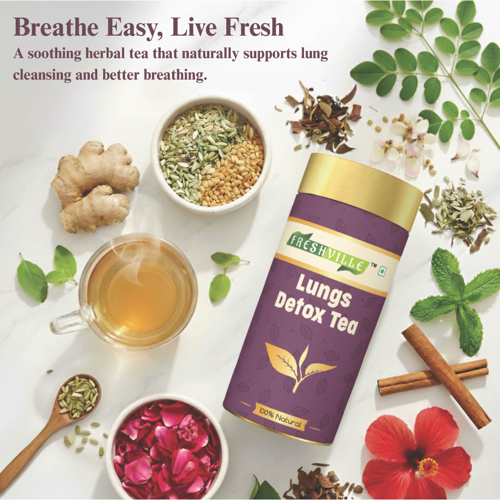 Freshville Lungs Detox Tea | Helps Quit Smoking And Clean Lungs with Herbs Moringa, Rose Petals, Peppermint, Lemongrass, Hibiscus, Cinnamon, Mulethi, Tulsi, Fenugreek, Ginger, Green Tea
