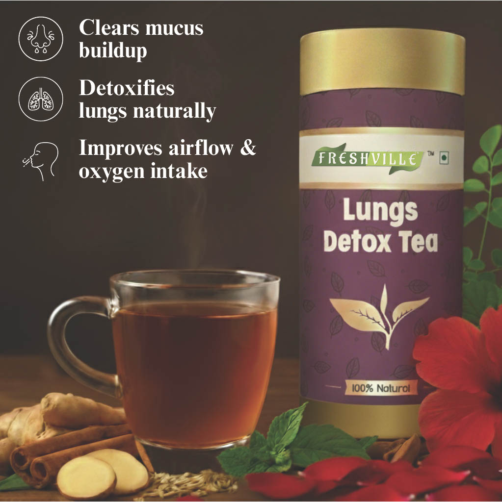 Freshville Lungs Detox Tea | Helps Quit Smoking And Clean Lungs with Herbs Moringa, Rose Petals, Peppermint, Lemongrass, Hibiscus, Cinnamon, Mulethi, Tulsi, Fenugreek, Ginger, Green Tea