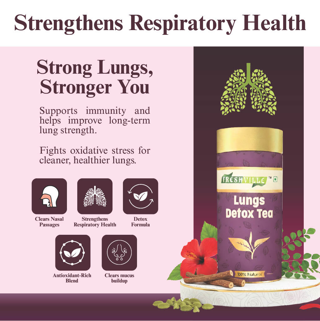 Freshville Lungs Detox Tea | Helps Quit Smoking And Clean Lungs with Herbs Moringa, Rose Petals, Peppermint, Lemongrass, Hibiscus, Cinnamon, Mulethi, Tulsi, Fenugreek, Ginger, Green Tea