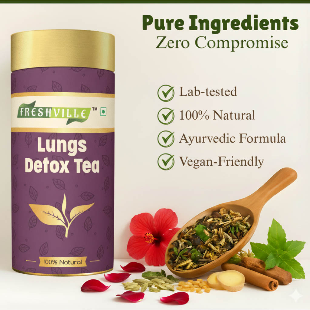 Freshville Lungs Detox Tea | Helps Quit Smoking And Clean Lungs with Herbs Moringa, Rose Petals, Peppermint, Lemongrass, Hibiscus, Cinnamon, Mulethi, Tulsi, Fenugreek, Ginger, Green Tea