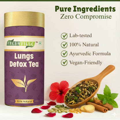 Freshville Lungs Detox Tea | Helps Quit Smoking And Clean Lungs with Herbs Moringa, Rose Petals, Peppermint, Lemongrass, Hibiscus, Cinnamon, Mulethi, Tulsi, Fenugreek, Ginger, Green Tea
