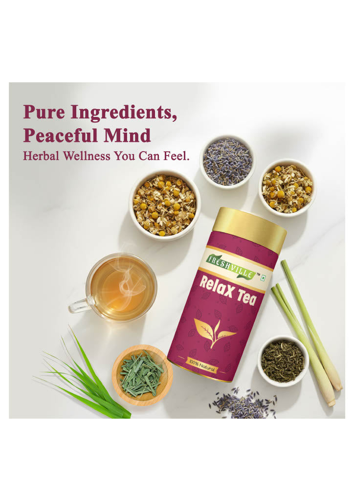 Freshville Relax Tea | Improves Sleep Quality Release Stress with Herbs Lemongrass, Lavender, Chamomile, Green Tea
