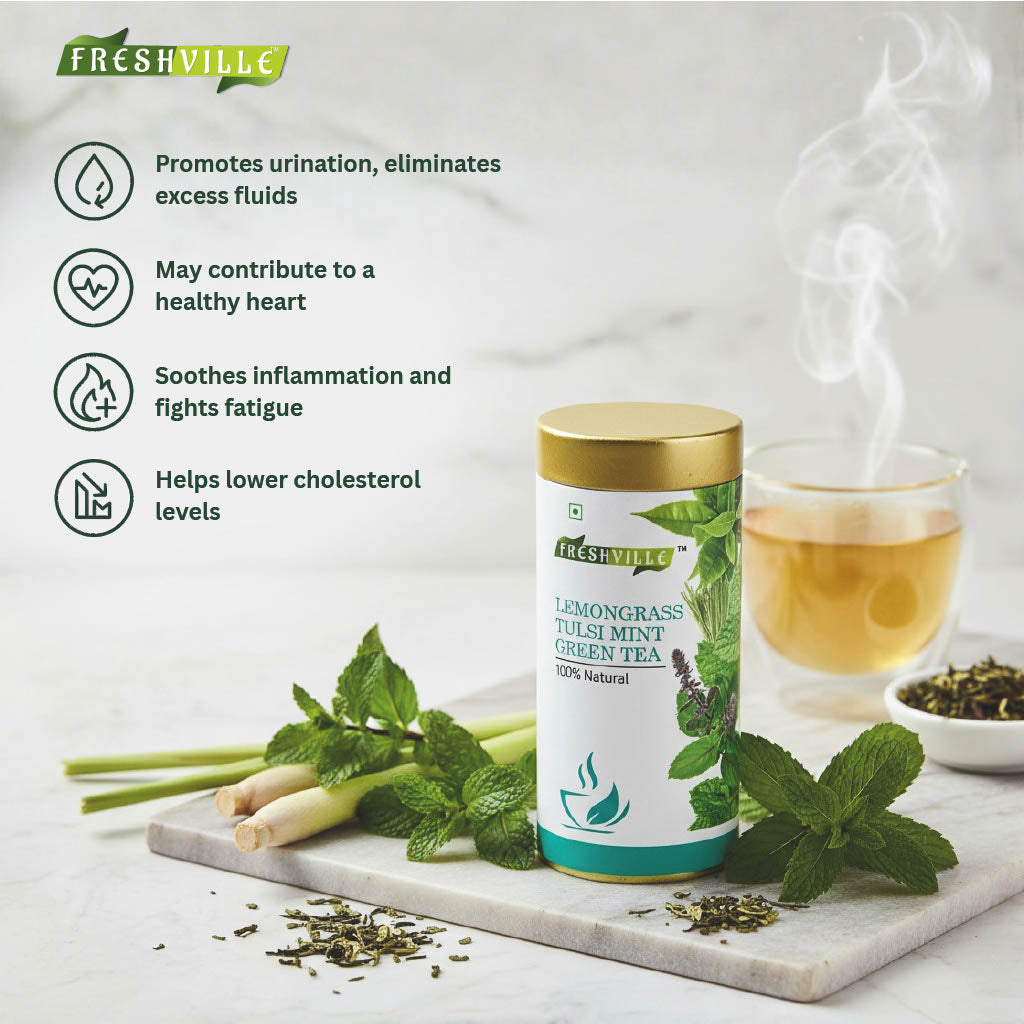 Freshville Lemongrass Tulsi Mint Green Tea | Enhances Immunity, Mental Health, Eye Sight