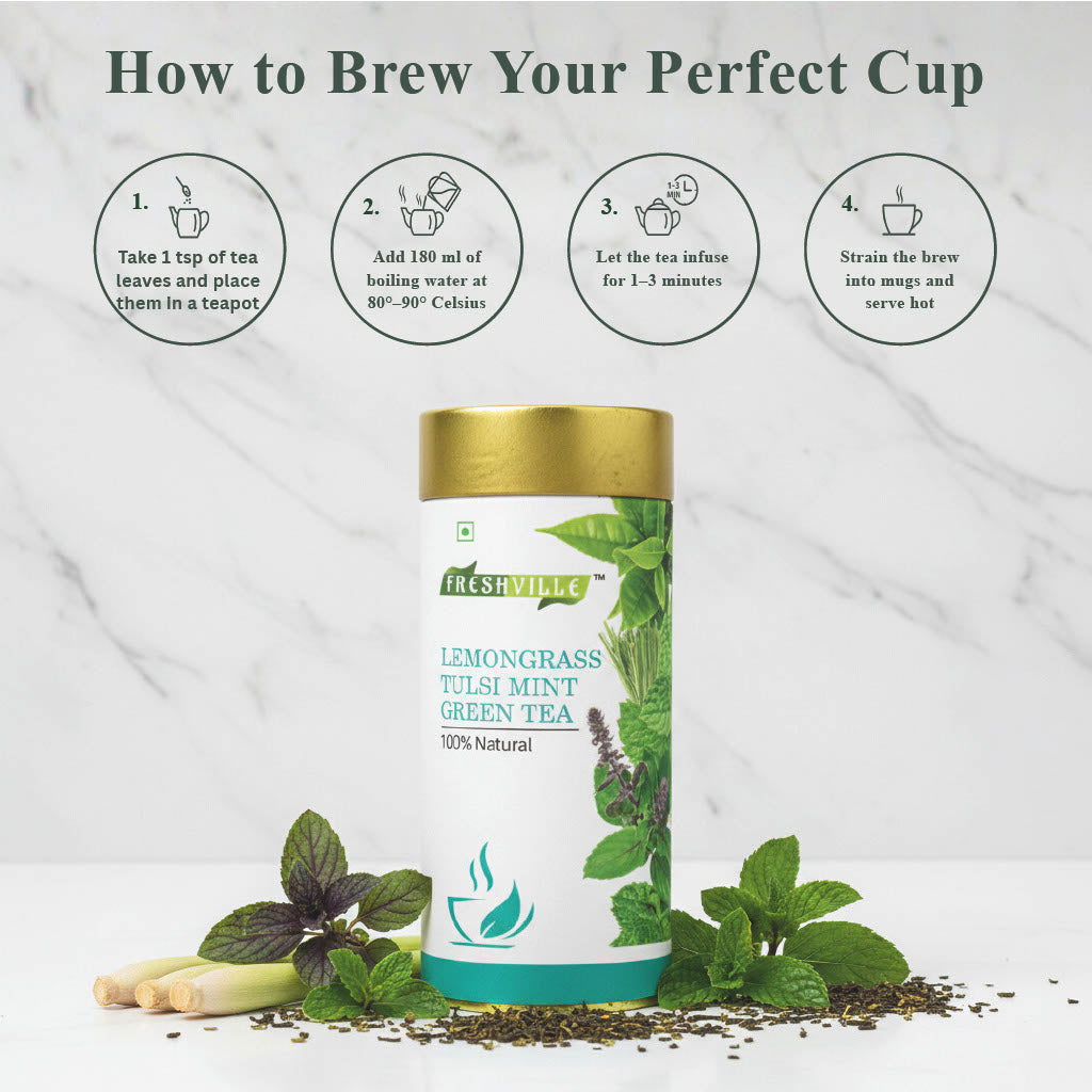Freshville Lemongrass Tulsi Mint Green Tea | Enhances Immunity, Mental Health, Eye Sight