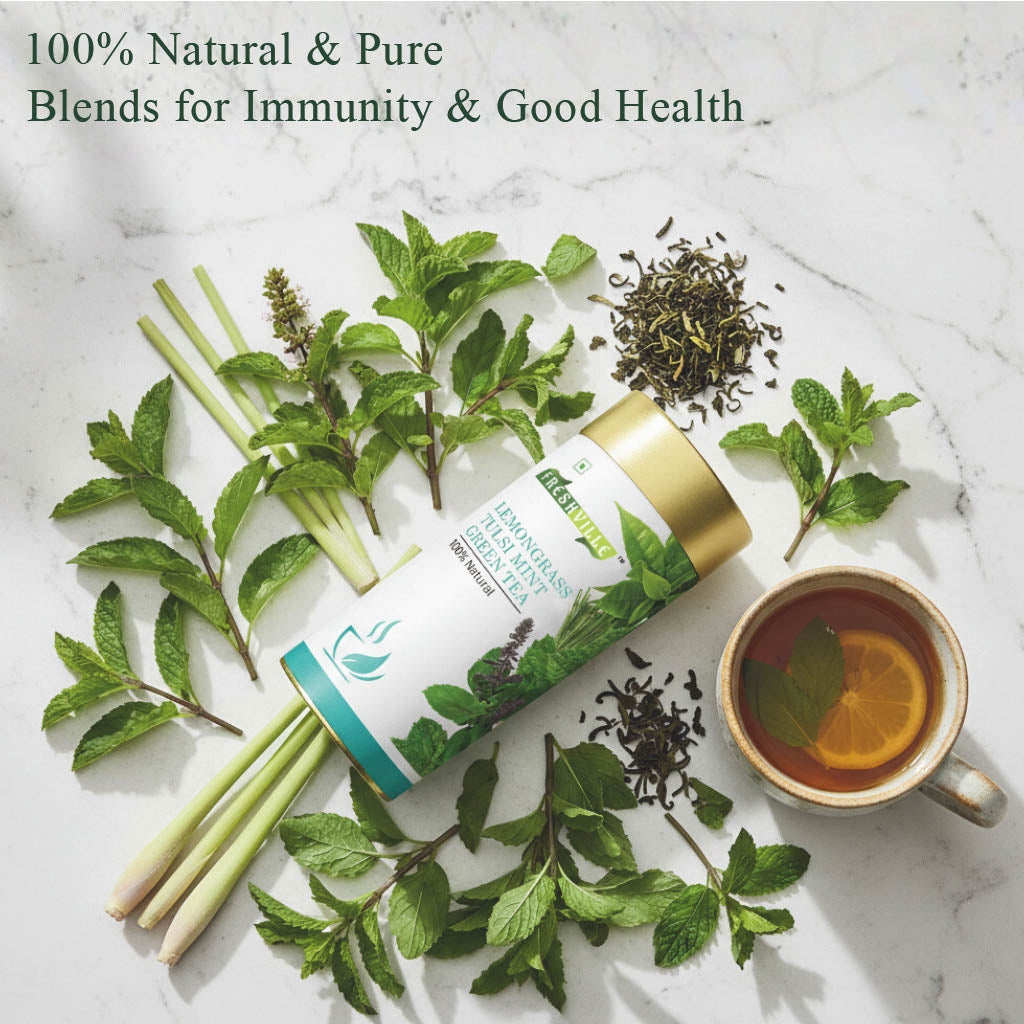 Freshville Lemongrass Tulsi Mint Green Tea | Enhances Immunity, Mental Health, Eye Sight