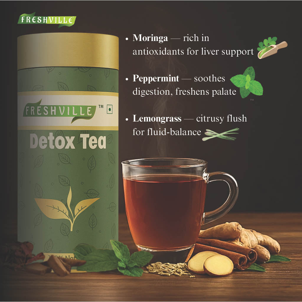 Freshville Detox Tea | Detoxify Body with herbs Peppermint, Lemongrass, Hibiscus, Cardamom, Cinnamon, Green Tea, 100gm