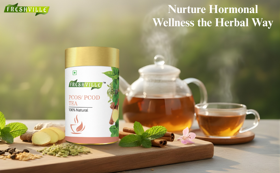 Freshville PCOS PCOD Tea | Regularizes period cycle with herbs Ginger, Fenugreek, Spearmint, Cinnamon, Fennel, Tulsi, Lodhra, Ashoka 50gm