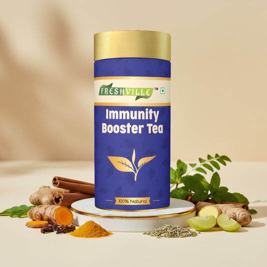 Freshville Immunity Tea - Immunity Booster Tea With Herbs Turmeric, Cinnamon, Ginger, Clove, Ashwagandha, Mintfennel, Moringa, Tulsi, Giloy, Amla, Green Tea, 100gm
