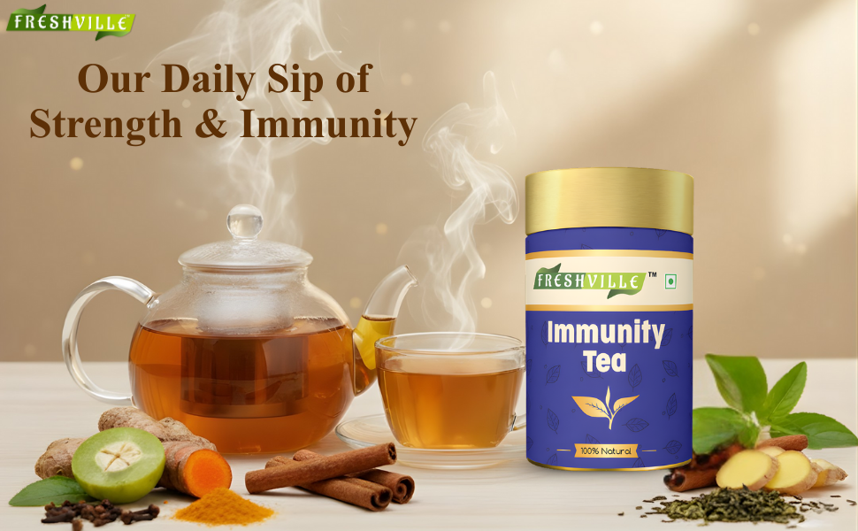 Freshville Immunity Tea - Immunity Booster Tea With Herbs Turmeric, Cinnamon, Ginger, Clove, Ashwagandha, Mintfennel, Moringa, Tulsi, Giloy, Amla, Green Tea, 45 Day