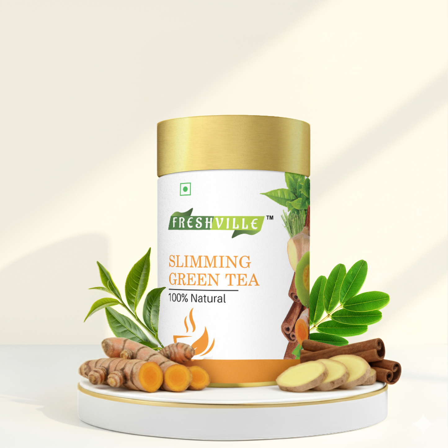Freshville Slimming Green Tea | Burn Fat Easily with Herbs Garcinia, Cinnamon, Ginger, Lemongrass, Turmeric, Green tea, Senna leaf , 50gm
