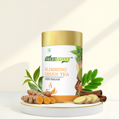 Freshville Slimming Green Tea | Burn Fat Easily with Herbs Garcinia, Cinnamon, Ginger, Lemongrass, Turmeric, Green tea, Senna leaf , 50gm