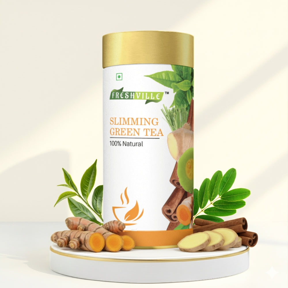 Freshville Slimming Green Tea | Burn Fat Easily with Herbs Garcinia, Cinnamon, Ginger, Lemongrass, Turmeric, Green tea, Senna leaf , 100gm
