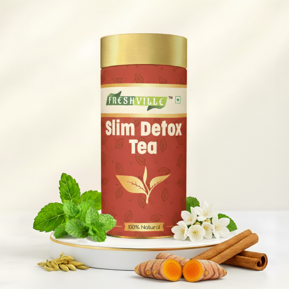 Freshville Slim Detox Tea | Slim Down & Detoxify Body wiith Herbs Cardamom, Fennel, Ginger, Green Tea, Jasmine, Lemongrass, Liquorice, Mint, Tulsi, and Turmeric.