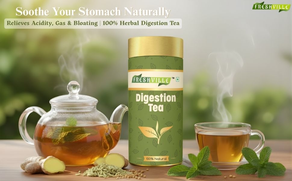 Freshville Digestion Tea | Improves Digestion, Bloating, Gas and Acidity relief with Herbs Ginger, Fennel, Ajwain, Mint, Senna leaves, Rose petals, Bay leaves, Green tea, 100gm