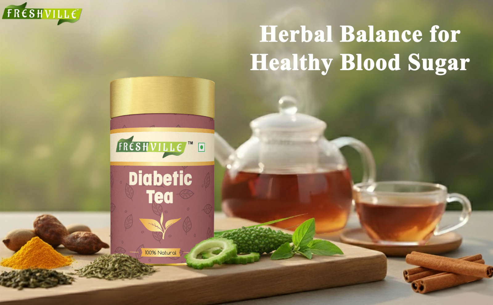 Freshville Anti Diabetic Tea | Control Blood Sugar level with herbs Turmeric, Tamarind, Karela, Tulsi, Cinnamon, Gurmar , 50gm