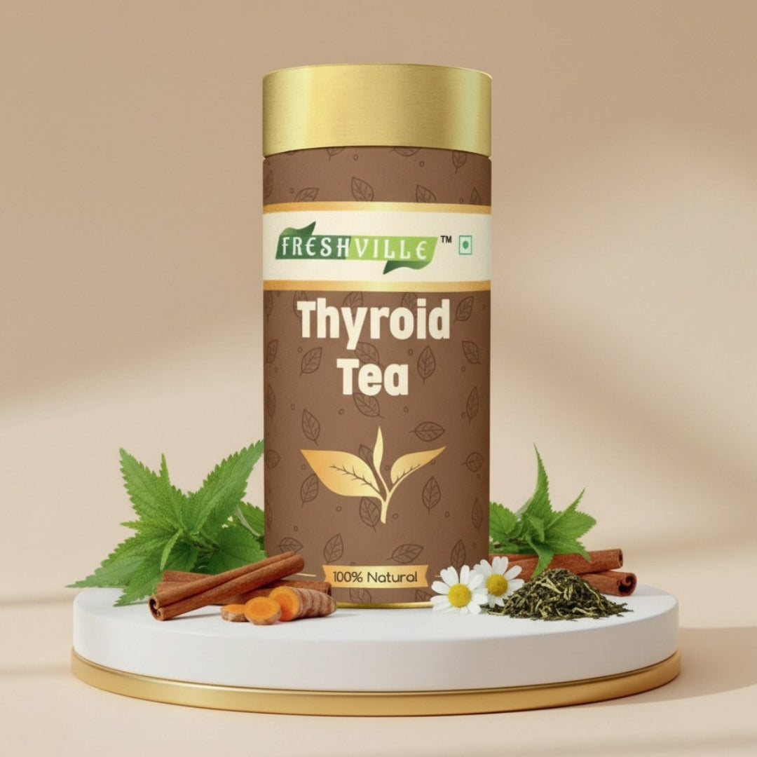 Freshville Thyroid Tea | Helps With Thyroid Support (Tsh T3 T4) | Ashwagandha, Turmeric, Liquorice, Nittle, Cinnamon, Ginger, Chamomile, Flax Seed, 100gm