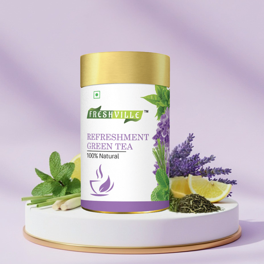 Freshville Refreshment Green Tea| Antioxidant, Stress Relief & Good Sleep | Peppermint, Lemon, Lemongrass, Green Tea, Lavender, 50 gm