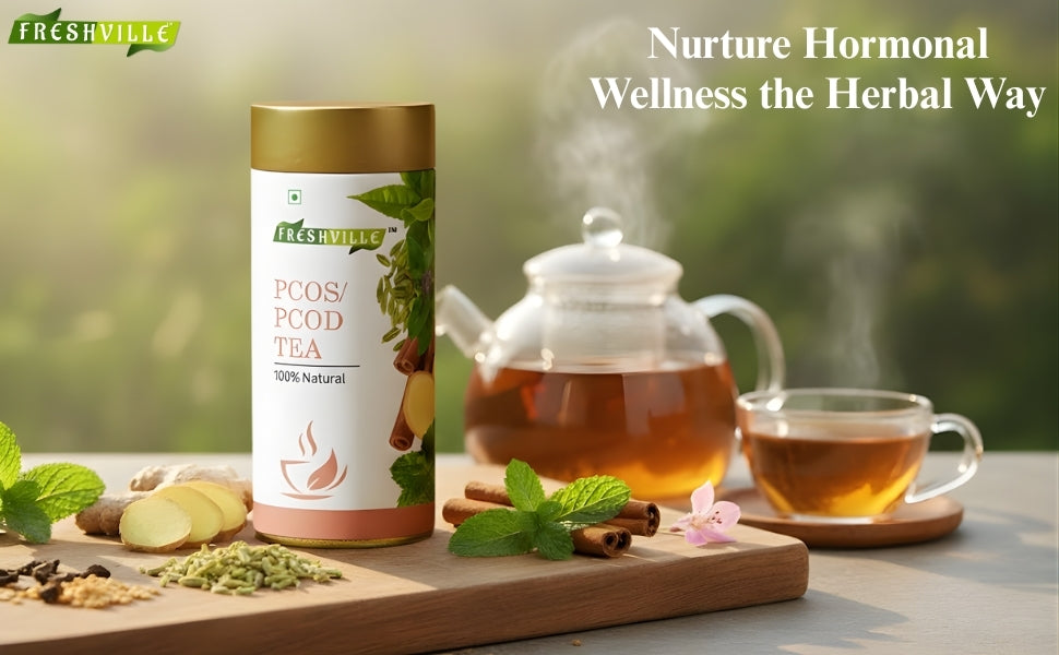 Freshville PCOS PCOD Tea | Regularizes period cycle with herbs Ginger, Fenugreek, Spearmint, Cinnamon, Fennel, Tulsi, Lodhra, Ashoka 100 Gm
