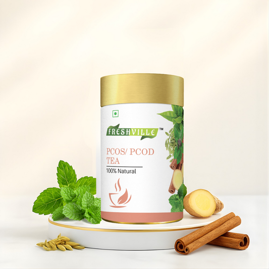 Freshville PCOS PCOD Tea | Regularizes period cycle with herbs Ginger, Fenugreek, Spearmint, Cinnamon, Fennel, Tulsi, Lodhra, Ashoka 50gm