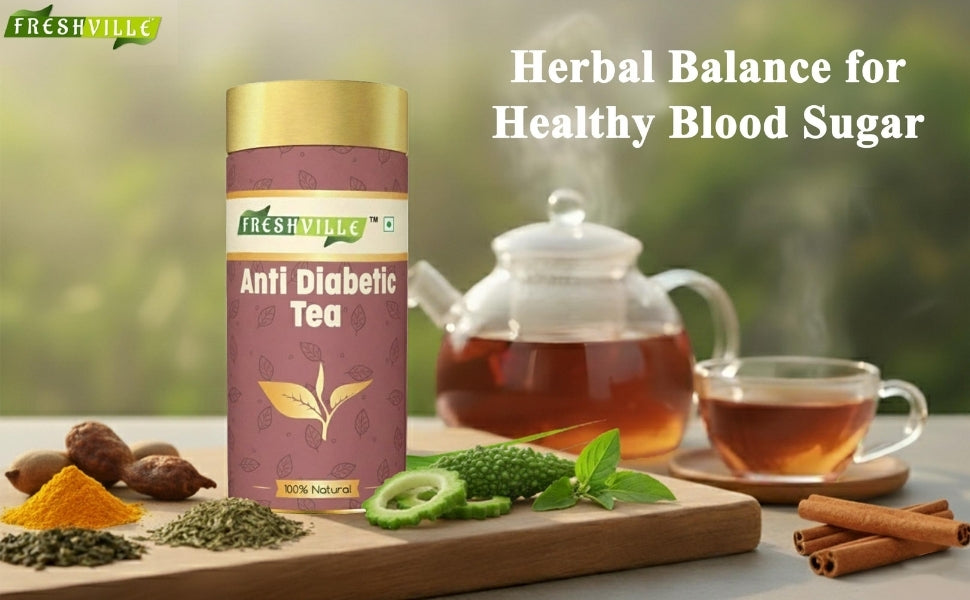 Freshville Anti Diabetic Tea | Control Blood Sugar level with herbs Turmeric, Tamarind, Karela, Tulsi, Cinnamon, Gurmar , 3 month
