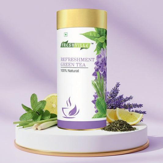 Freshville Refreshment Green Tea| Antioxidant, Stress Relief & Good Sleep | Peppermint, Lemon, Lemongrass, Green Tea, Lavender, 100gm