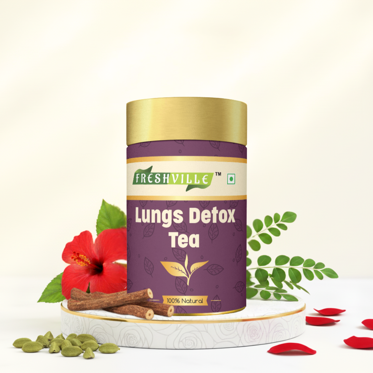 Freshville Lungs Detox Tea | Helps Quit Smoking And Clean Lungs with Herbs Moringa, Rose Petals, Peppermint, Lemongrass, Hibiscus, Cinnamon, Mulethi, Tulsi, Fenugreek, Ginger, Green Tea 45 month