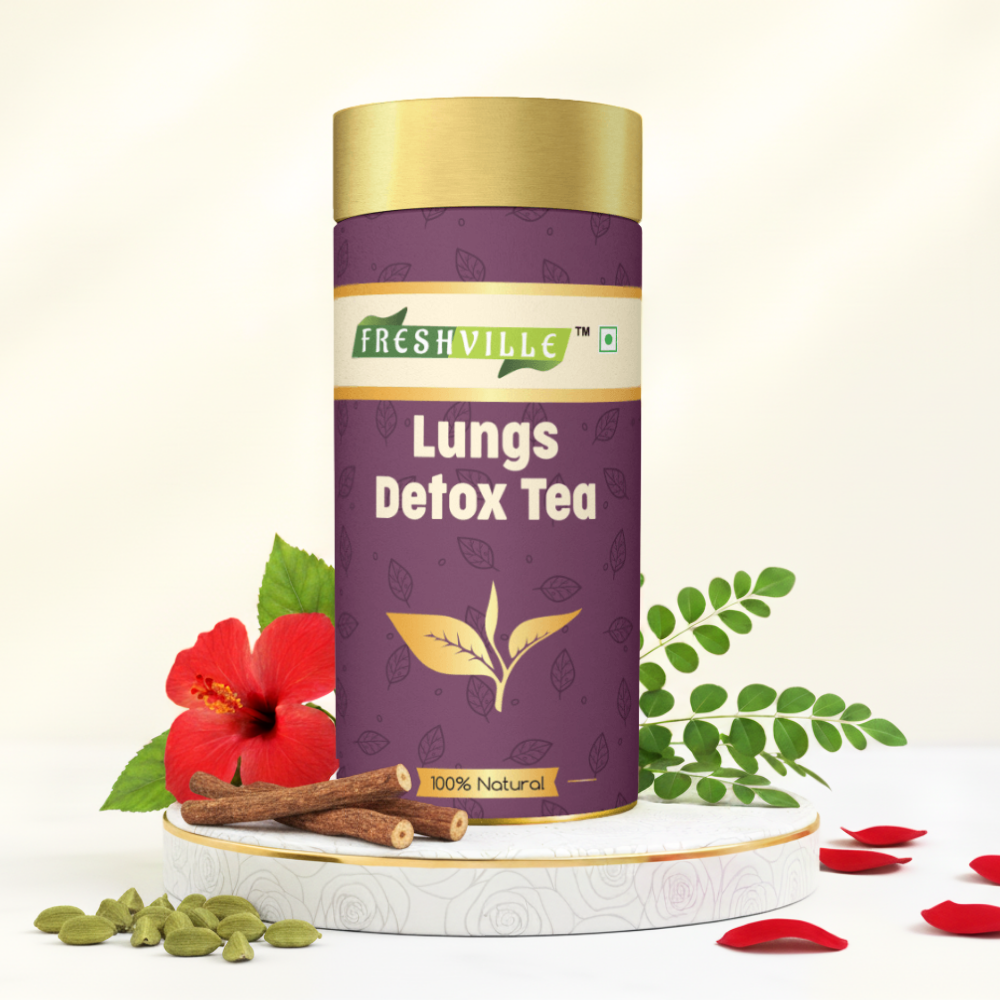 Freshville Lungs Detox Tea | Helps Quit Smoking And Clean Lungs with Herbs Moringa, Rose Petals, Peppermint, Lemongrass, Hibiscus, Cinnamon, Mulethi, Tulsi, Fenugreek, Ginger, Green Tea, 3 month