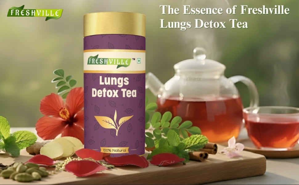 Freshville Lungs Detox Tea | Helps Quit Smoking And Clean Lungs with Herbs Moringa, Rose Petals, Peppermint, Lemongrass, Hibiscus, Cinnamon, Mulethi, Tulsi, Fenugreek, Ginger, Green Tea, 3 month