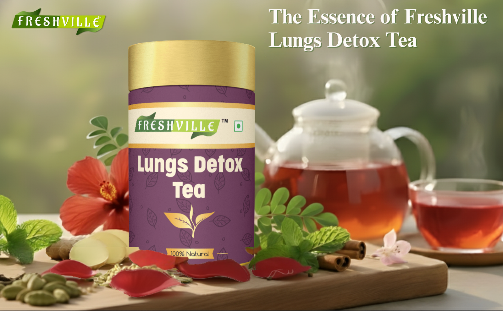 Freshville Lungs Detox Tea | Helps Quit Smoking And Clean Lungs with Herbs Moringa, Rose Petals, Peppermint, Lemongrass, Hibiscus, Cinnamon, Mulethi, Tulsi, Fenugreek, Ginger, Green Tea 45 month