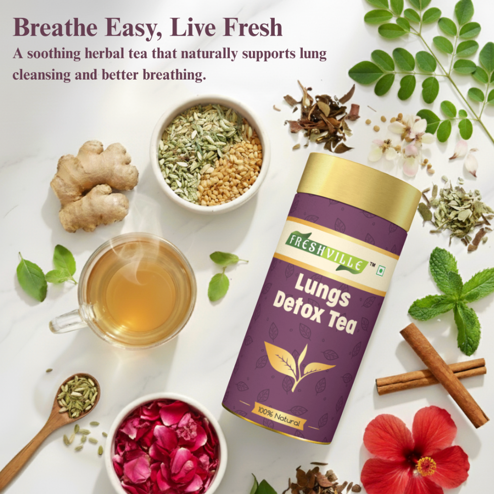 Freshville Lungs Detox Tea | Helps Quit Smoking And Clean Lungs with Herbs Moringa, Rose Petals, Peppermint, Lemongrass, Hibiscus, Cinnamon, Mulethi, Tulsi, Fenugreek, Ginger, Green Tea, 3 month