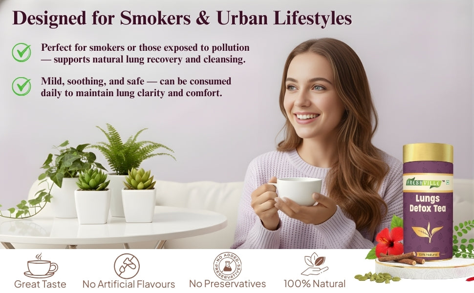 Freshville Lungs Detox Tea | Helps Quit Smoking And Clean Lungs with Herbs Moringa, Rose Petals, Peppermint, Lemongrass, Hibiscus, Cinnamon, Mulethi, Tulsi, Fenugreek, Ginger, Green Tea, 3 month