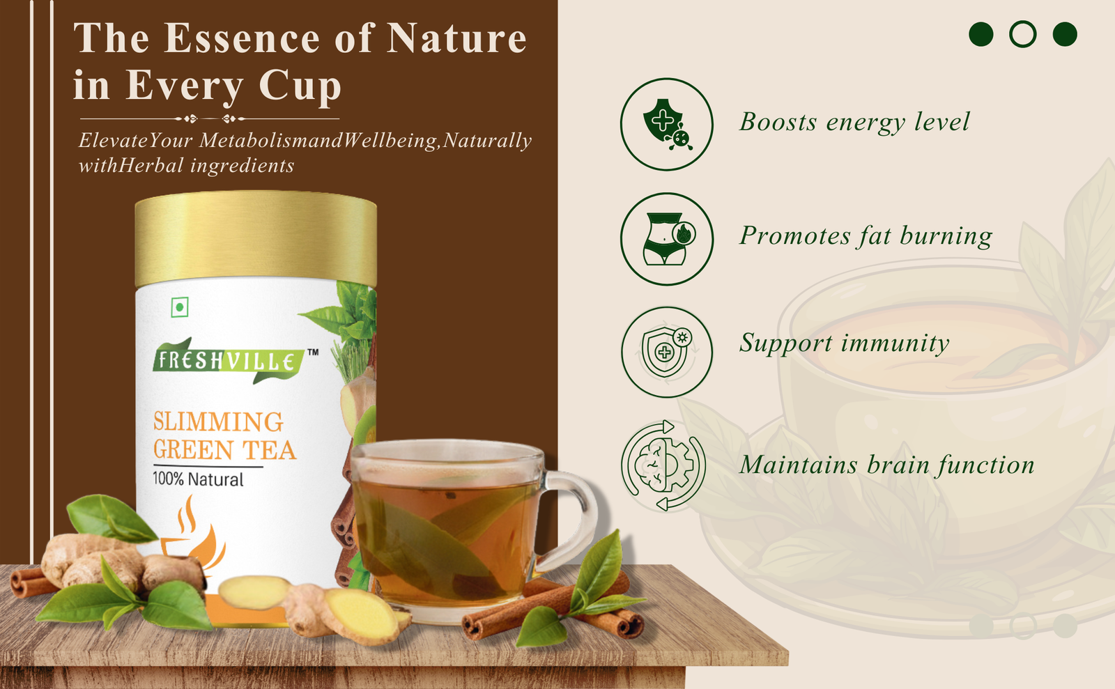 Freshville Slimming Green Tea | Burn Fat Easily with Herbs Garcinia, Cinnamon, Ginger, Lemongrass, Turmeric, Green tea, Senna leaf , 50gm