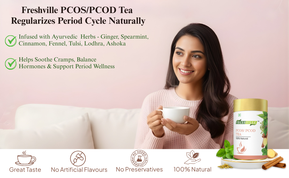 Freshville PCOS PCOD Tea | Regularizes period cycle with herbs Ginger, Fenugreek, Spearmint, Cinnamon, Fennel, Tulsi, Lodhra, Ashoka 50gm